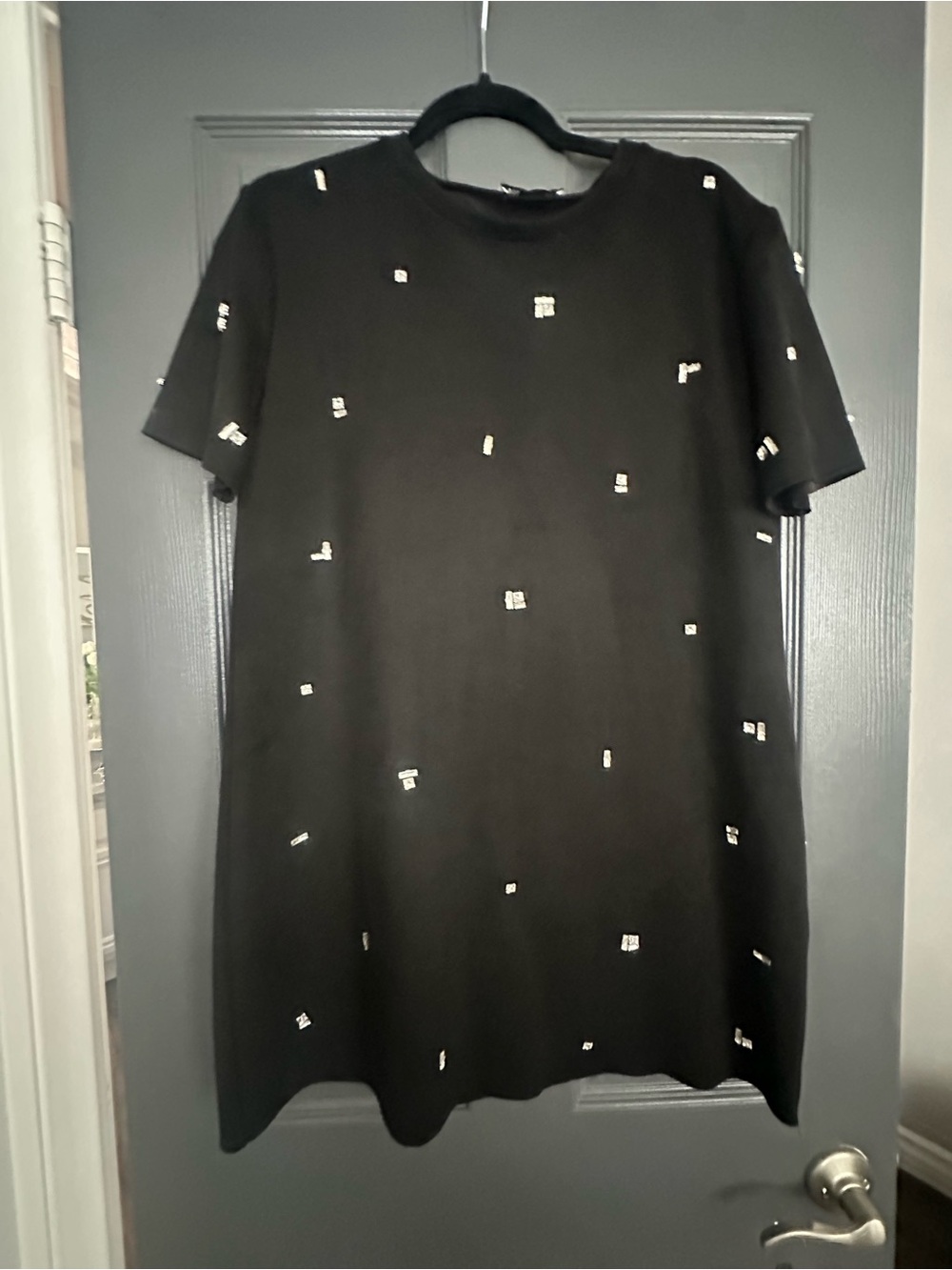 Zara Black Short Sleeve Shift Dress with Scattered Silver Embellishments
